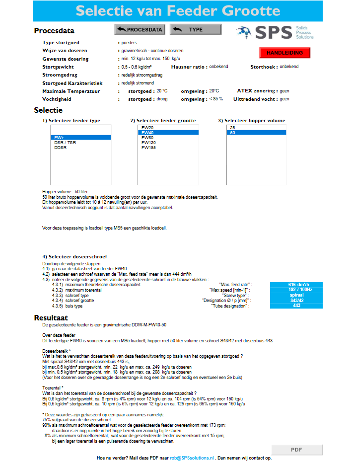 Het door SPS | Solids Process Solutions ontwikkelde programma, selecteert geschikte feeder type(s) en grootte(s)...